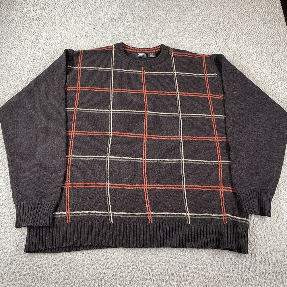 Vintage HAGGAR Sweater Dark Brown Crewneck 2XL Earth Tone Check Pullover Striped